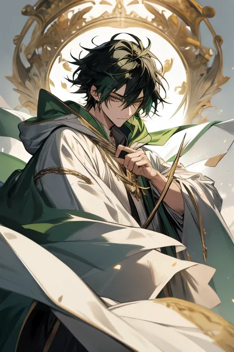 Masterpiece, highres, best quality, solo, 1 male, medium hair, black hair with green hair, gold eyes, white shirt, white hooded ...