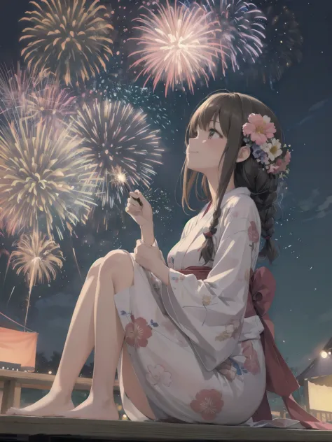 (((best quality))), (((ultra detailed))), 1 girl, bedhead, cute, brown hair, braid hair, (festival, night, fireworks), yukata, v...