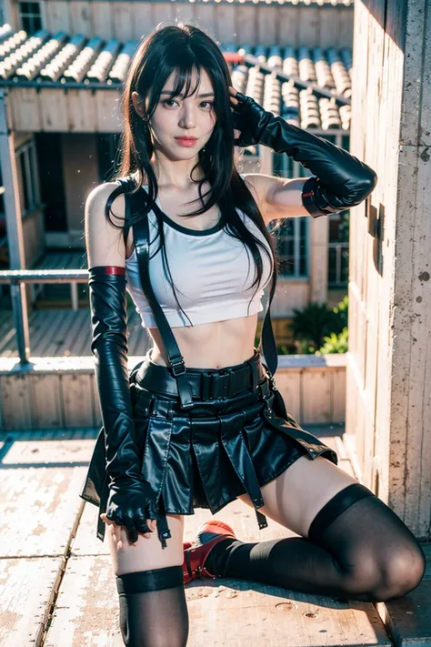 Tifa,1gil,solo,gloves,elbow gloves,fingerless gloves,breasts,suspenders,thighhighs,crop top,tank top,skirt,black thighhighs,susp...