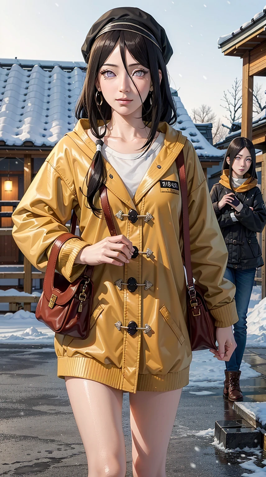 Hanabi Hyūga,  hair, knotted low, hair band, Hana with purple eyes, perfect breasts,  wearing a cap, Wearing a winter jacket, wear a duffle coat, Carrying the bag, wear a watch,  wearing earrings, on the audience, While in Tokyo , Being on the street, Snow outside, Snowing, Looking at the viewer, slight smile, realism, masterpiece, Textured leather, super detailed, high detail, High quality, Best quality, 1080P, 16 thousand.