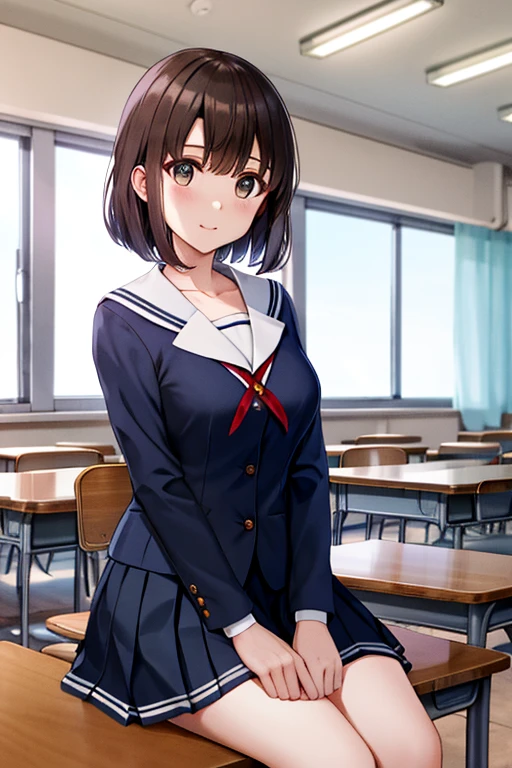 masterpiece, highest quality, High resolution, hmhy1, short hair, blue shirt, , pleated skirt, long sleeve, clavicle, serafuku, medium breasts, cowboy shot, indoors, classroom, sitting, machine, Chair,