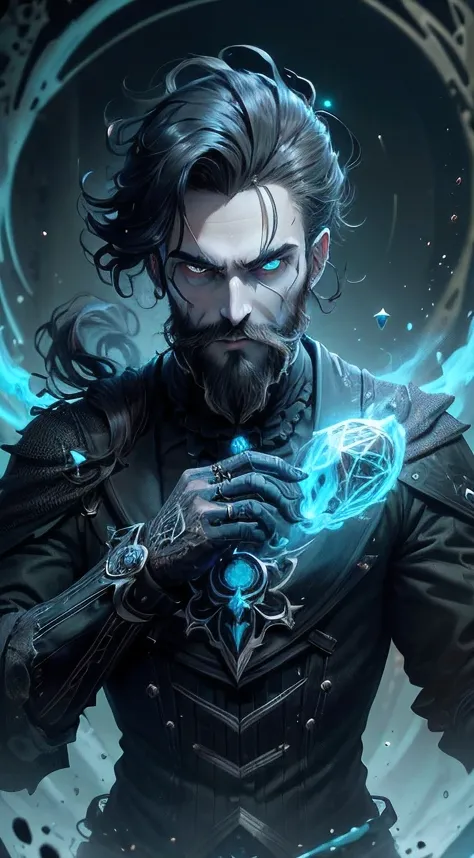 man magician necromancer, noblesse, noble, ((well-trimmed short beard)), dans les mains grimoire sombre et noir, (((army of the ...