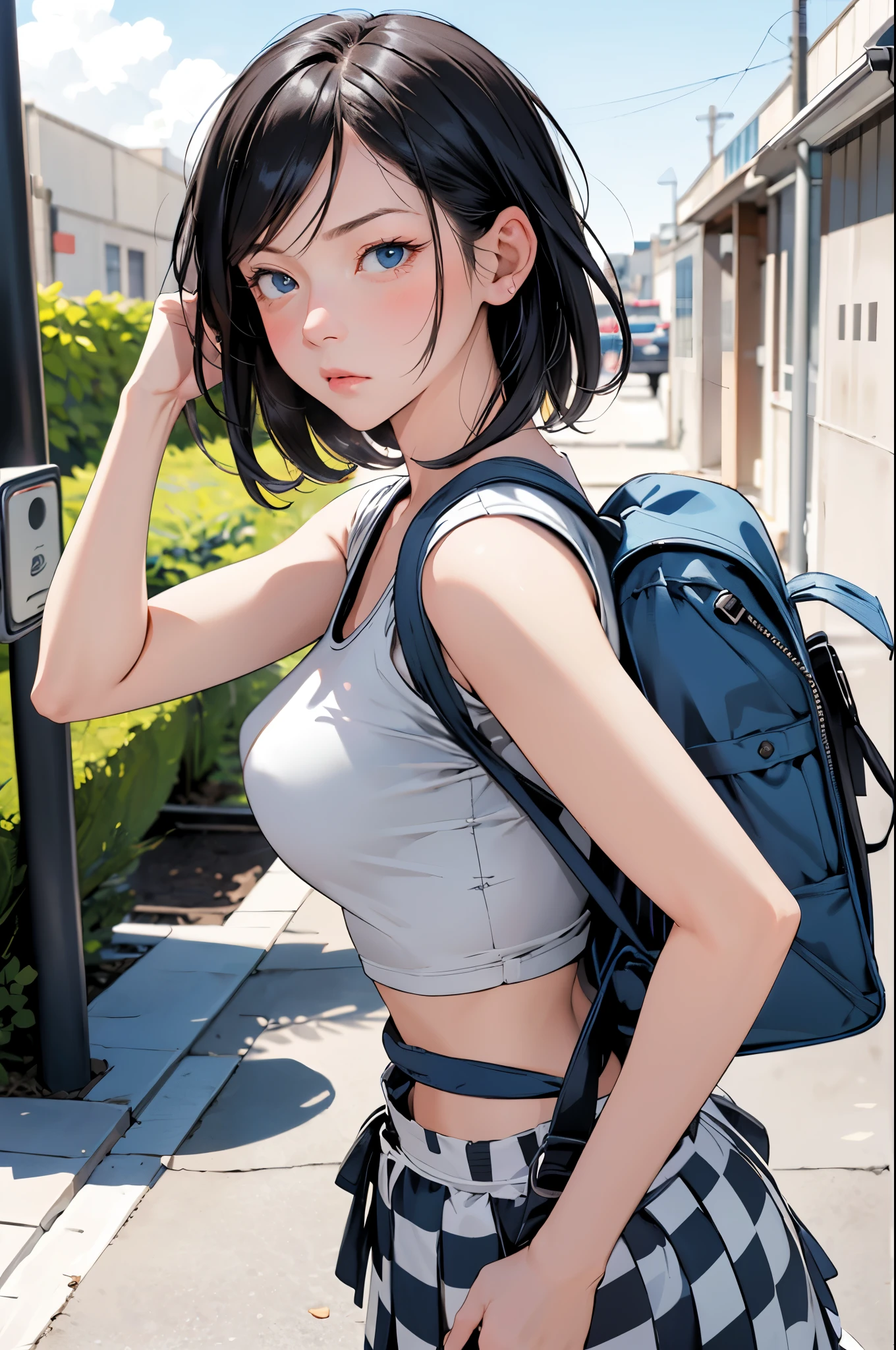 The girl was wearing a T-shirt, a checkered skirt, and a backpack, and her skirt got caught in the backpack and rolled up. When she turns around, blue eyes, blue sky, blush: 1.1, disgusted face: 1.0