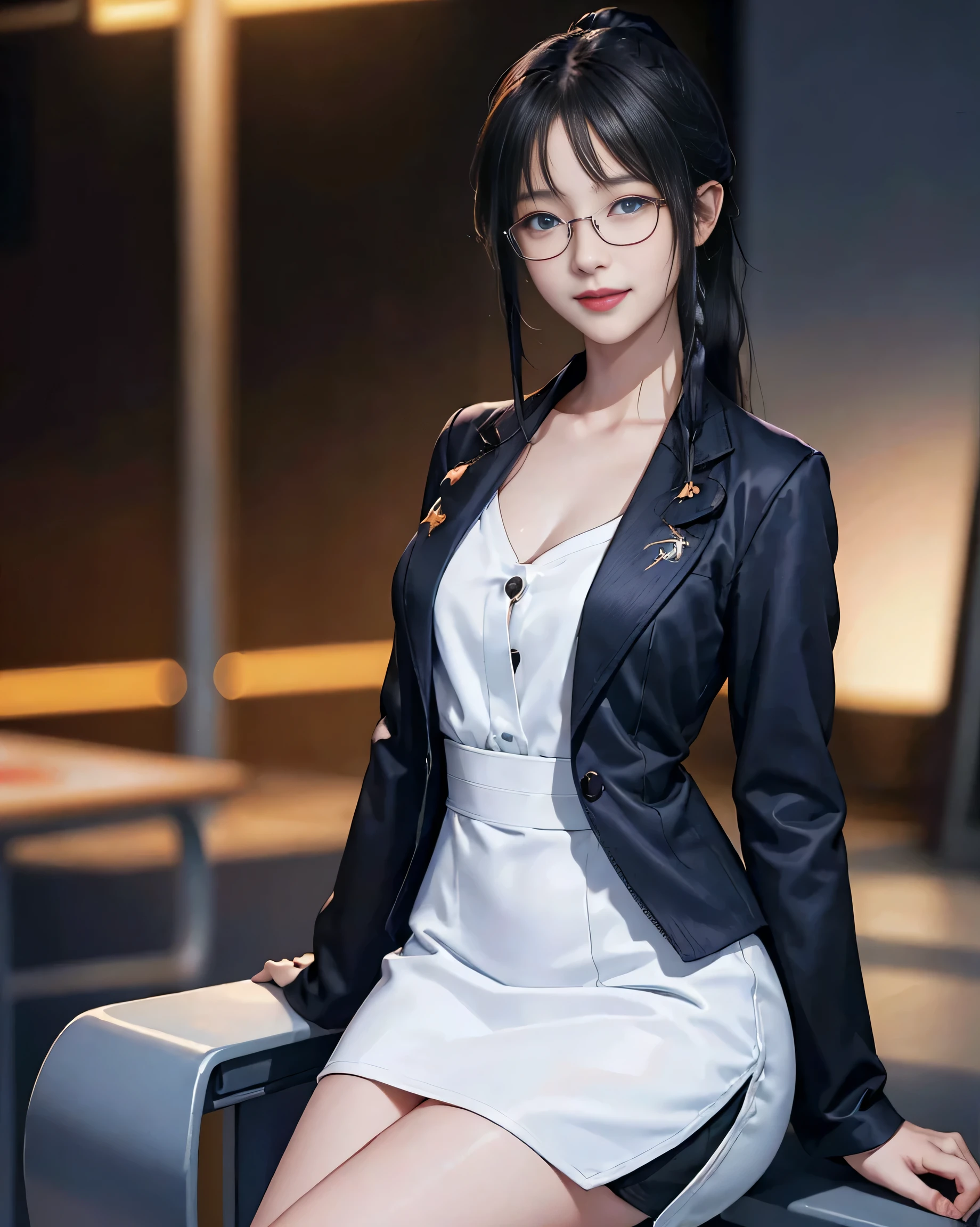 yukinoyukinoshita, yukino yukinoshita, black hair, blue eyes, long hair,short braided hair,ponytail, Ahoge,OL, happy smile, smile, open your mouth,Black Abyss Glasses, end, black suit jacket, collared jacket, white dress shirt, collared shirt, neckline, button, strap, ID card on neck, black pencil skirt, black pantyhose,stiletto heels,sit cross-legged on a chair,There is a computer on the desk.,touch typing,Make sure the whole body is included in the illustration,
break outdoors, city,building street,
break looking at viewer, (cowboy shot:1.5),
break (masterpiece:1.2), highest quality, High resolution, unity 8k wallpaper, (shape:0.8), (fine and beautiful eyes:1.6), highly detailed face, perfect lighting, Very detailed CG, (perfect hands, perfect anatomy),