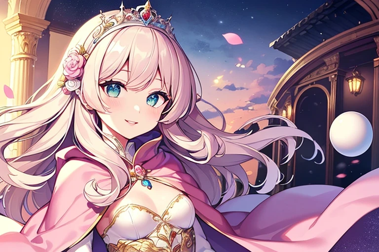 (kawaii),(best quality),(ultra detailed),(rococo style),(long train pastel pink cape:1.15), very long cape,(long train white ball gown with flower decorations:1.1), a girl is wearing a cape over her gown, 1 little princess, tiara, smile, very long hair, small breasts, beautiful detailed eyes, beautiful detailed lips