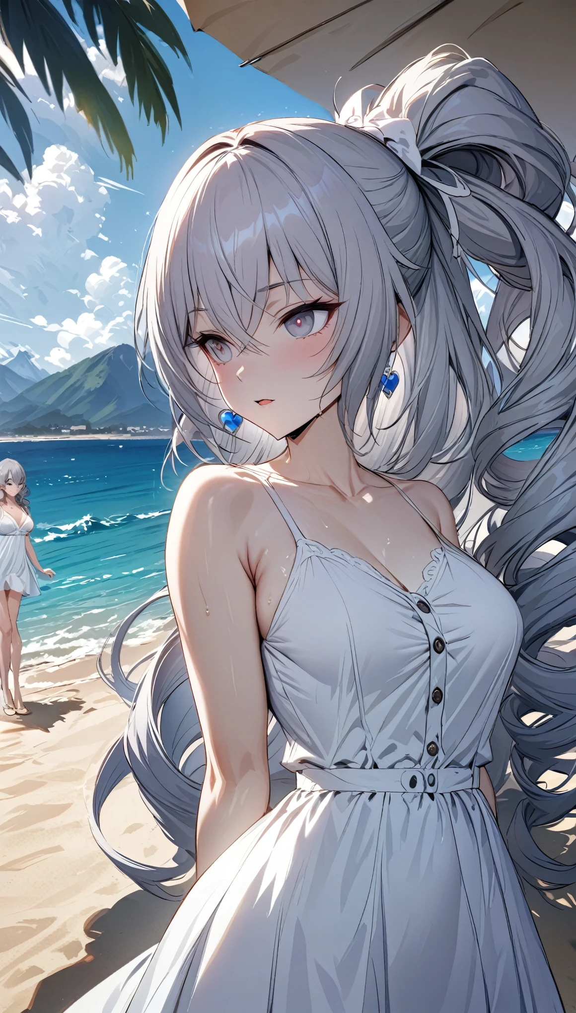 (((Masterpiece))), , diffused light, dynamic shadows, sharp focus, detailed, sundresses , anatomically correct, loving face, beach with mountain background, bronya, long shot, (( half body:1)), bronya, long drill hair, unbuttoned dress