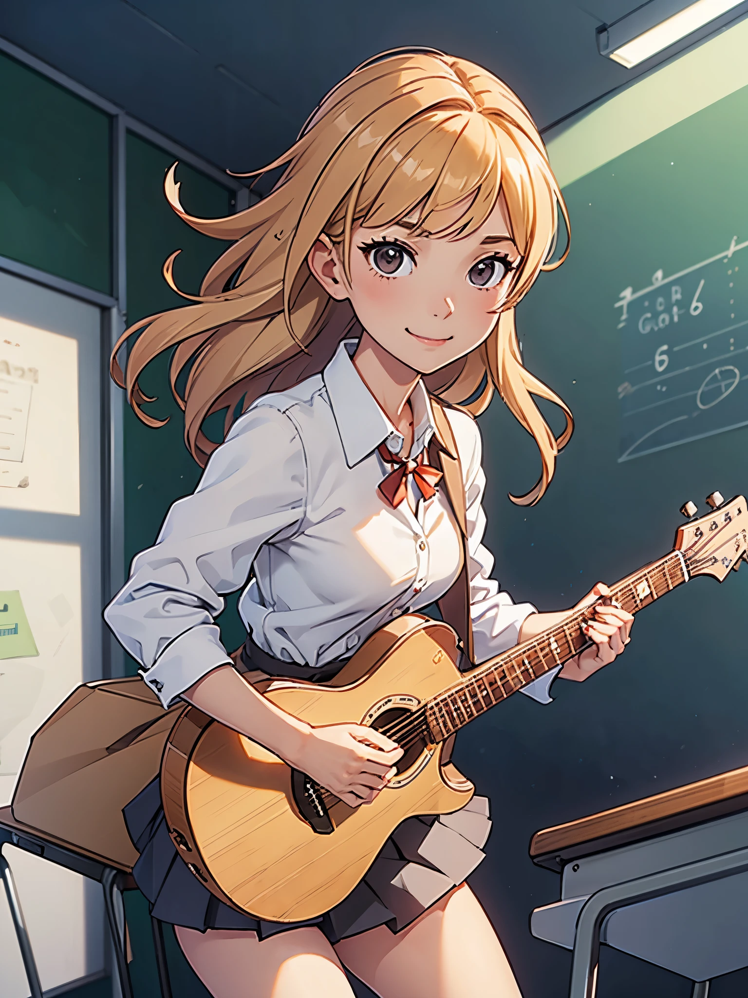 1girl, high school student, suit, white shirt, red ribbon bow necktie, pleaded skirt, miniskirt, bare legs, white socks, brown shoes, blonde hair, medium hair, hazel eyes, beautiful detailed eyes, beautiful detailed face, cute face, slightly large breasts, smile, age 16-18, solo, solo focus, (playing guitar, electric guitar), classroom backdrop, warm lighting, empty classroom