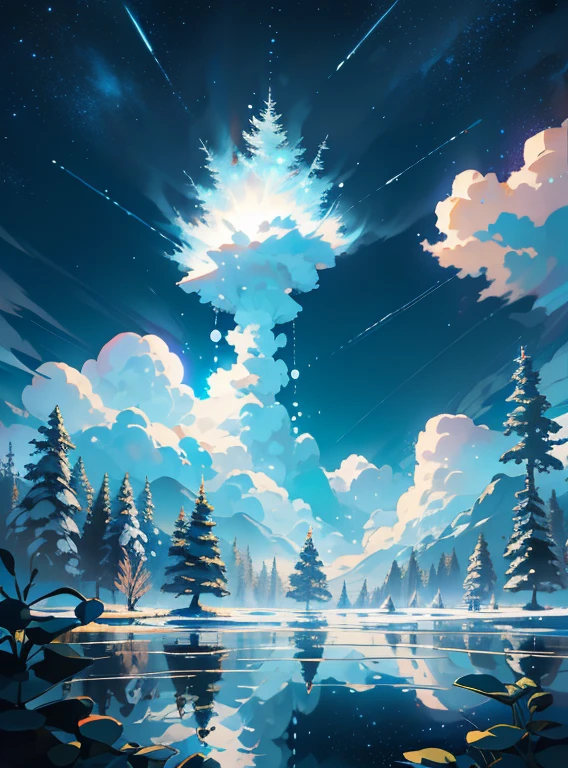 Masterpiece, Highly detailed, the wallpaper, scenery, No Man, Bubble, sky, Nature, Felt, tree, Star (sky), forest, Glowing, Outdoors, signatures, Starry sky, rays of sunshine, Cloud, airbubble, Underwater, water, fantasy, Moon, Cloudy sky, water dripping, Blue sky, planetes, Reflection, Sunlight, Light rays, Blurry, Light particles, Full background