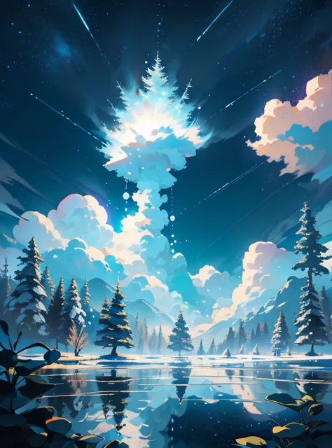 Masterpiece, Highly detailed, the wallpaper, scenery, No Man, Bubble, sky, Nature, Felt, tree, Star (sky), forest, Glowing, Outd...
