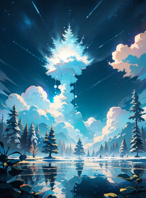 masterpiece, highly detailed, the wallpaper, scenery, no man, bubble, sky, nature, felt, tree, star (sky), forest, glowing, outd...