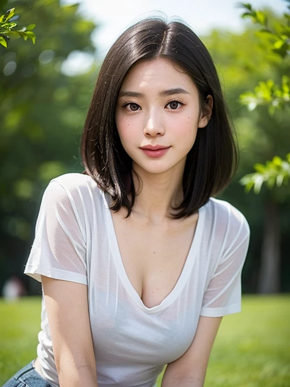 (kawaii 24 year-old Japanese girl, Nogizaka idol, Korean idol), healthy female athlete body, (glossy black hair, pixie cut, messy hair edge, symmetric length hair:1.3), (bangs), (rounded face, brown eyes, single eyelid, no makeup, soft smiling:1.2), (wearing over-sized t-shirt, skinny jeans:1.3), (flat chest, extra small breasts:1.4), (looking at viewer:1.2), BREAK, (turf in the park background:1.3), (dynamic angle:1.3), BREAK, (masterpiece, best quality, photo realistic, official art:1.4), (UHD, 8K quality wallpaper, high resolution, raw photo, golden ratio:1.2), (shiny skin), professional lighting, physically based rendering, award winning, (perfect anatomy, highly detailed skin, extremely detailed face and eyes), Carl Zeiss 85 mm F/1.4, depth of field, 1girl, solo,