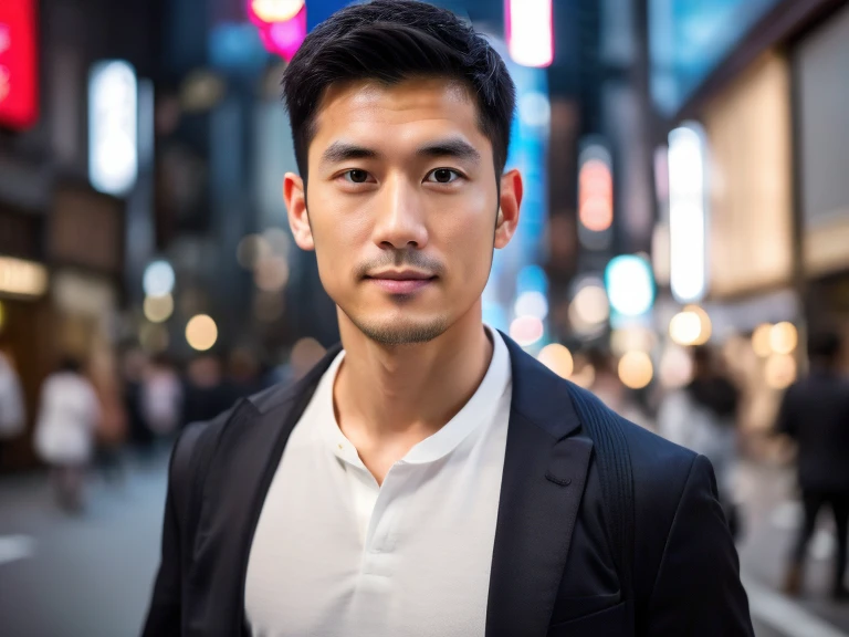 Realism, 8K full body portrait, A handsome Japanese guy, 30-year-old man, charming expression, Detailed facial details, Clean shaven chin, no beard,Tokyo Ginza, Roppongi, Shibuya background,