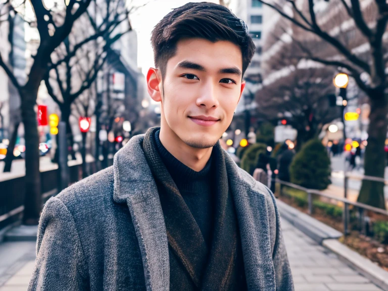 Realism, 8K full body portrait, a handsome guy, 20 year old man, charming expression, Detailed facial details, Tokyo eight cities, Winters, Shibuya background