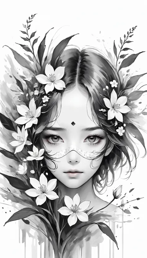 (Anime line drawing:1.5)，(black and white painting:1.45)，Minimalism，(line art:1.6)，sketch，Charcoal drawing，mask，flower