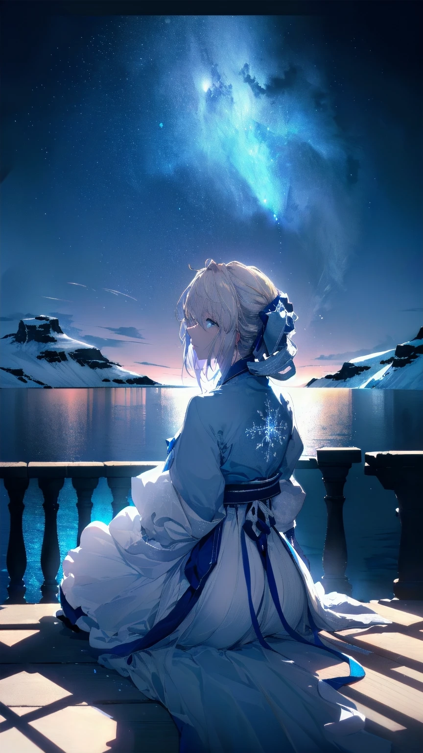 Violet Evergarden, 1 girl, solitary, Check viewers, blue eyes, blonde hair, greek clothing, spectacular starry sky, naked, Staring at the audience, Big breasts, Flying in the starry sky. (best quality, 4K, 8K, high resolution, masterpiece:1.2), Super detailed, (actual, photoactual, photo-actual:1.37), high dynamic range, ultra high definition, studio lighting, Ultra-fine coating, sharp focus, Physically based rendering, extremely detailed description, professional, bright colors, Bokeh, portrait, Purple tone, ethereal lights,(((Very attractive：2.0)))，(((Antarctica in the background)))，(((Light blue snowflake pattern blue Hanfu)))，(((white stockings)))