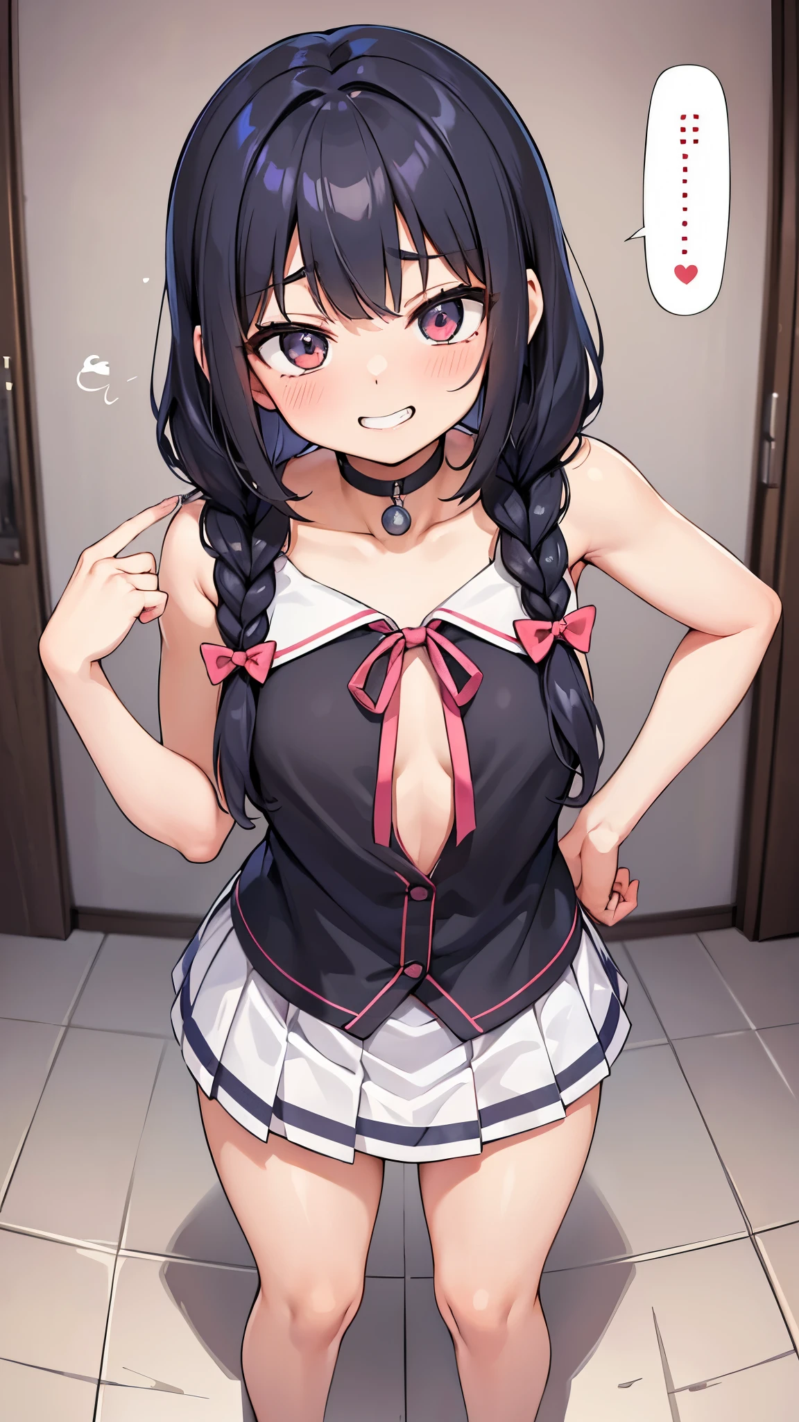 Anime girl with black hair and a short skirt posing in a bathroom - SeaArt  AI