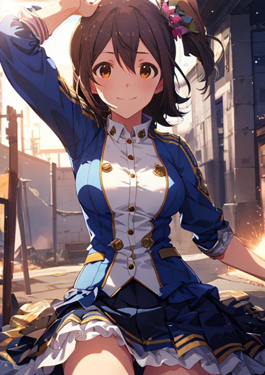 Mirai Kasuga  (million live), (highest quality, 8K, masterpiece, Super detailed:1.2), (Lens flare, particles of light, shine), big breasts, smile, open your mouth, masterpiece, highest quality, Super detailed, High resolution, Very detailed CG , pleated skirt ,perfect body, panty shot