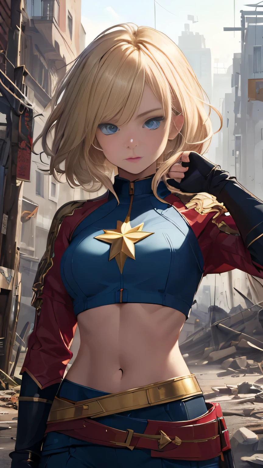 (Highly quality, masterpiece, detailed), destroyed city detailed scenario, destroyed city detailed background, solo, gold hair, blue eyes, cptMarvel, Cropped top 1.3, sleeves, red gloves, belt, beautiful eyes, Sexy pose