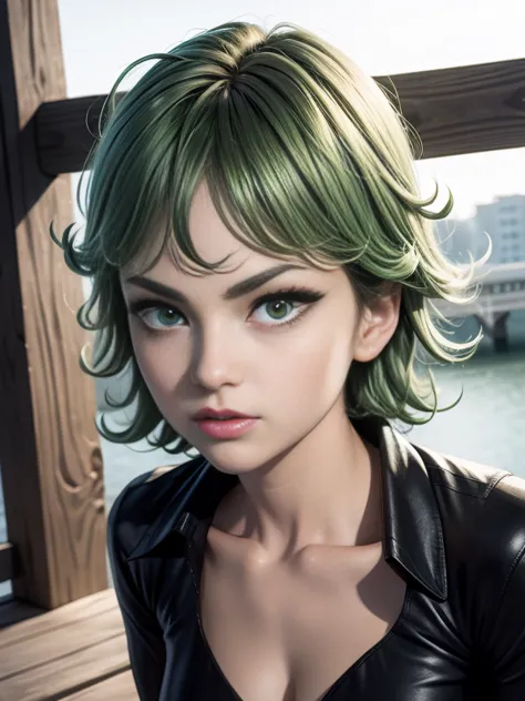 masterpiece, best quality, detailed face, tatsumaki, green hair, black dress, pelvic curtain, posing on a bridge, looking at vie...