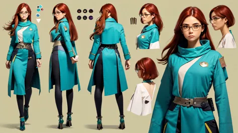 (Masterpiece, best quality), detailed, (1girl), ((character concept art)), ((character design sheet, same character, front, side, back)), many items, (sci-fi spaceship siencist uniform, space traveler, military cloth, many parts), (Green skin tone color:1....