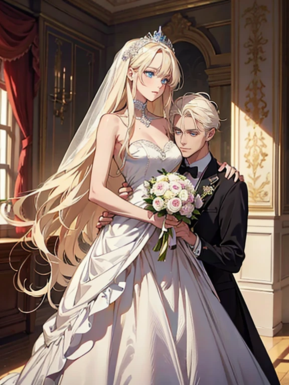 An incredibly beautiful femme fatale bride with long golden hair, long bangs, blue eyes, in an elegant wedding dress, she is being held in her arms by a tall handsome handsome manly young man-platinum blonde dressed in a light wedding suit, he has tanned skin, long white hair, blue eyes. They are in love, they are happy. Masterpiece, 8k. full-length image, realistic image, detailed image. an extremely detailed illustration, a real masterpiece, of the highest quality, with careful drawing. shading with shadows. beautiful pose, detailed , 8k. full-length image, realistic image, dynamic image, detailed image. an extremely detailed illustration, a real masterpiece, of the highest quality, with careful drawing. ANIME STYLE