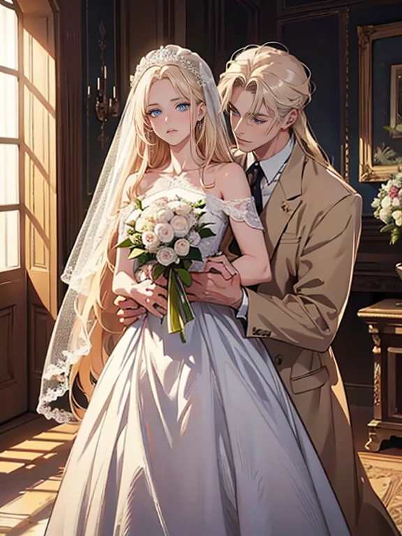 An incredibly beautiful femme fatale bride with long golden hair, long bangs, blue eyes, in an elegant wedding dress, she is being held in her arms by a tall handsome handsome manly young man-platinum blonde dressed in a light wedding suit, he has tanned skin, long white hair, blue eyes. They are in love, they are happy. Masterpiece, 8k. full-length image, realistic image, detailed image. an extremely detailed illustration, a real masterpiece, of the highest quality, with careful drawing. shading with shadows. beautiful pose, detailed , 8k. full-length image, realistic image, dynamic image, detailed image. an extremely detailed illustration, a real masterpiece, of the highest quality, with careful drawing. ANIME STYLE