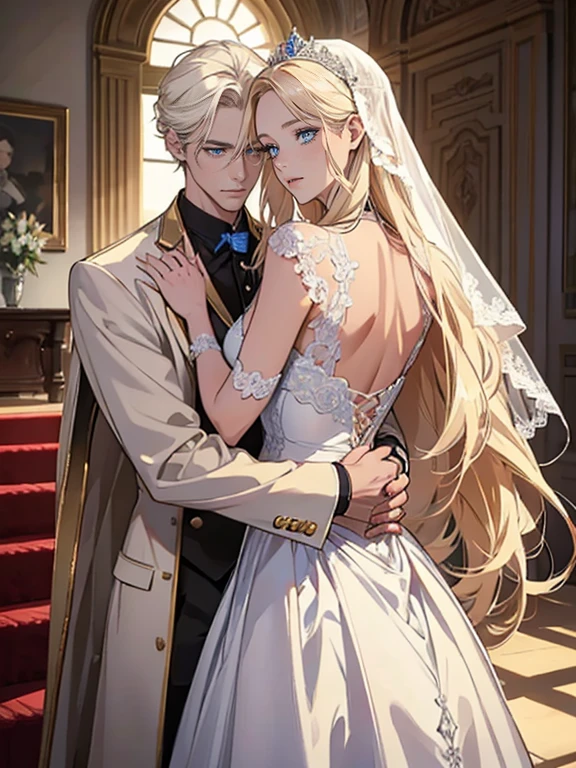 An incredibly beautiful femme fatale bride with long golden hair, long bangs, blue eyes, in an elegant wedding dress, she is being held in her arms by a tall handsome handsome manly young man-platinum blonde dressed in a light wedding suit, he has tanned skin, long white hair, blue eyes. They are in love, they are happy. Masterpiece, 8k. full-length image, realistic image, detailed image. an extremely detailed illustration, a real masterpiece, of the highest quality, with careful drawing. shading with shadows. beautiful pose, detailed , 8k. full-length image, realistic image, dynamic image, detailed image. an extremely detailed illustration, a real masterpiece, of the highest quality, with careful drawing. ANIME STYLE