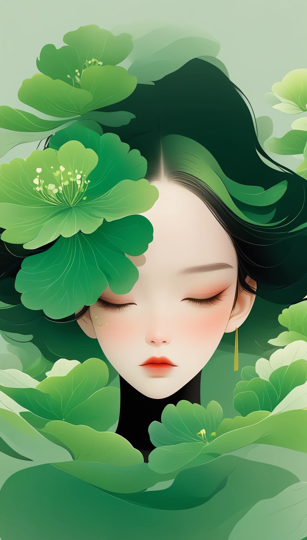 vector，flat form style，illustration，minimalist，数字艺术illustration，green tint，abstract，artistic conception，a girl，pretty face，black hair，Begonia flowers