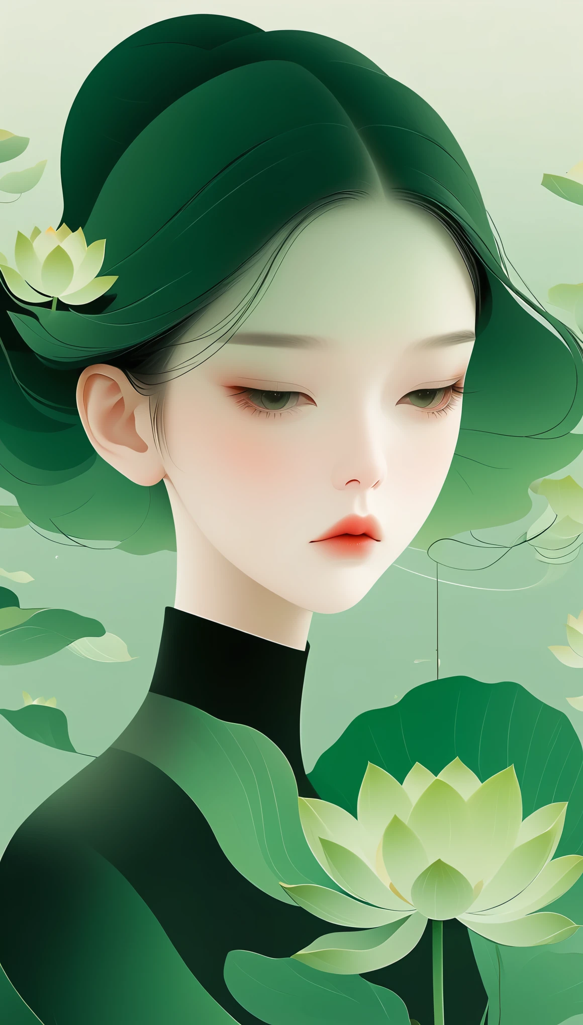 vector，flat form style，illustration，minimalist，数字艺术illustration，green tint，abstract，artistic conception，a girl，pretty face，black hair，lotus
