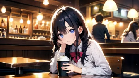 girl、detailed eyes、night cafe、indoor、relax、coffee