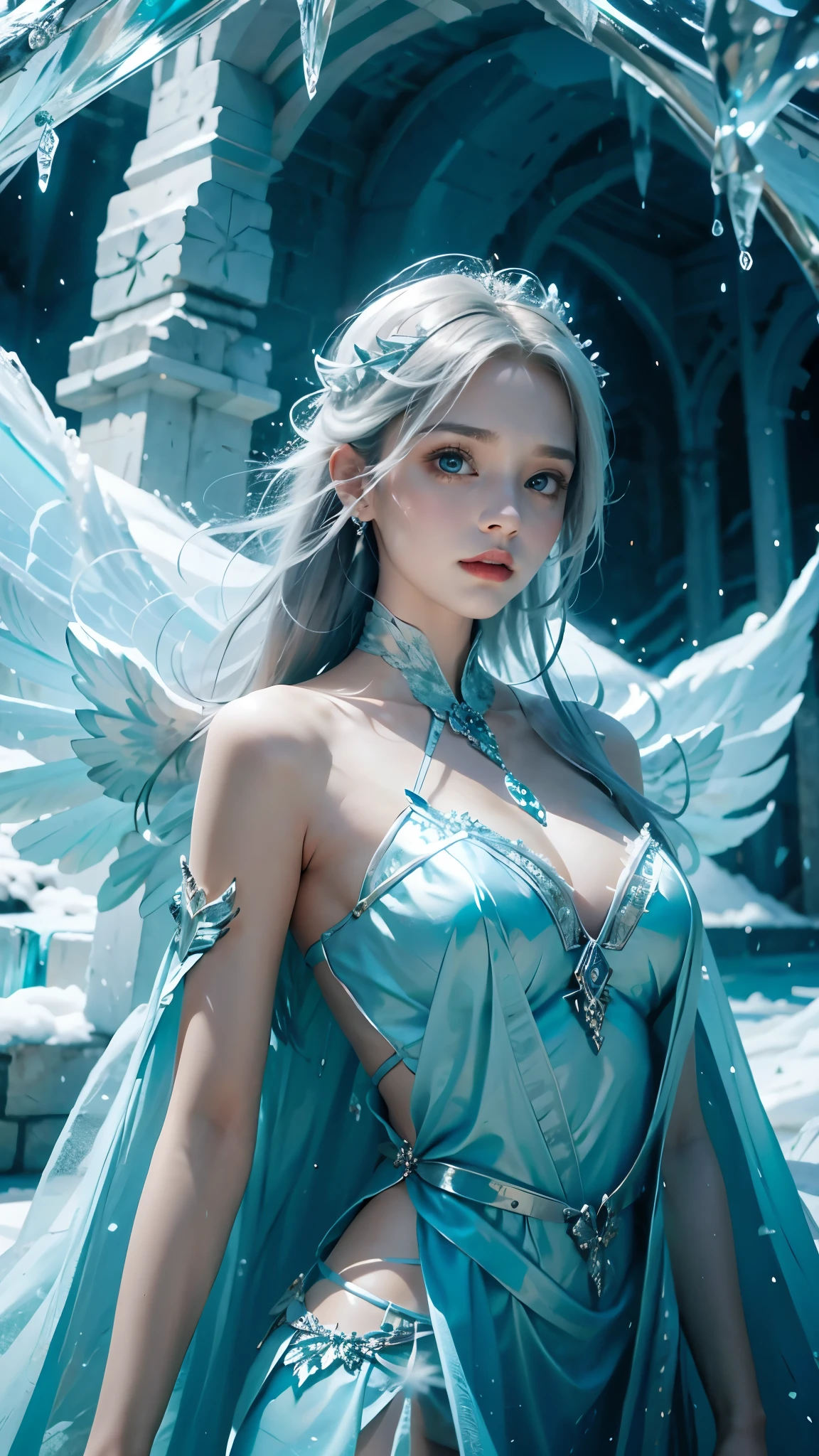 Frost Goddess,Frozen fluid,Ice World,ice,1girl,Ice Wings,Ice Feather,Translucent clothing,angel,angel wings,blue eyes,blue wings,large wings,Four wings,Dynamic pose,Ice leaves,Metal triangular waistband,White hair,Floating ice crystals,Front,upper body,above knees,spread wings,breasts,Translucent ribbon,bubble,cleavage,halo,long hair,medium breasts,navel,solo,water,wings,