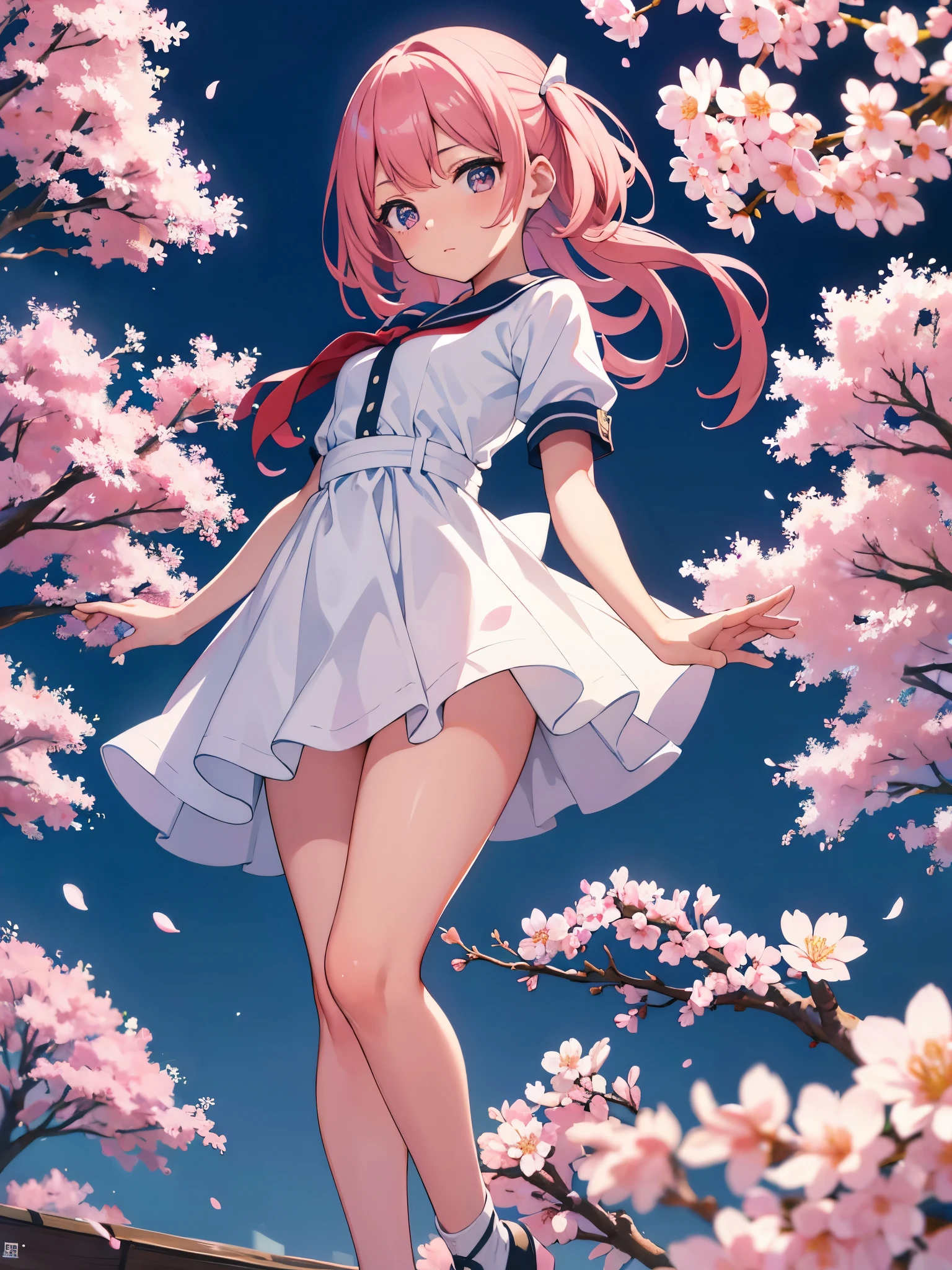 Rows of cherry blossoms in the park　Cherry blossoms in full bloom　Elementary school girl　8 years　flat chest　black fur　wide　The eyes are purple　（（1 person））　Sailor uniform long sleeve white upper body　Navy blue underbody mini skirt　white panties　white socks　sport boots　Lying on the grass under the cherry tree　Sakura petals are dancing.　Look for　Raise your knees and spread your legs a little.（（I can see white panties））　Dynamic Angle　low angle
