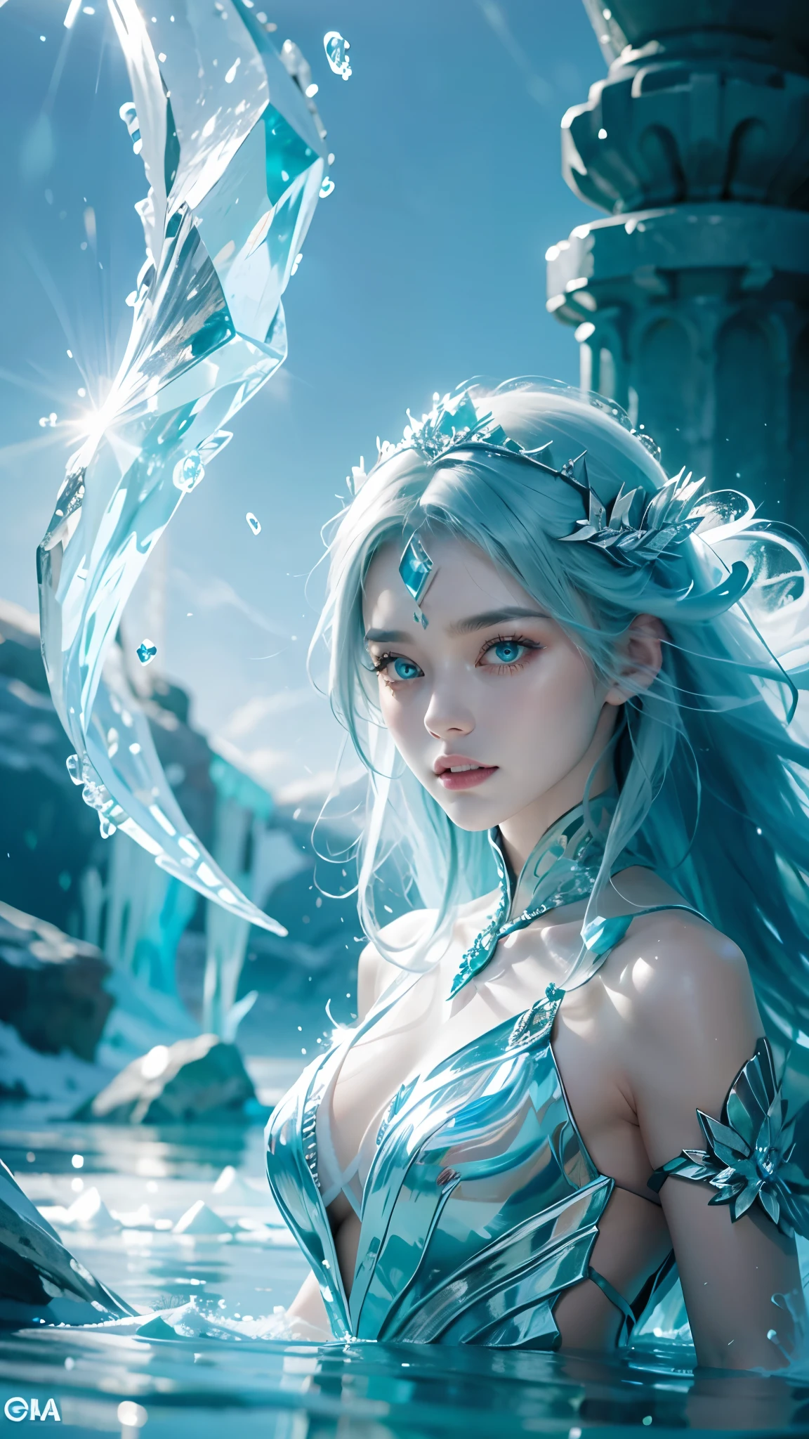 Frost Goddess,Frozen fluid,Ice World,ice,1girl,Light blue hair,air bubble,blue eyes,bubble,caustics,eyeliner,face,floating hair,Ice gemstone,jewelry,The Crown of Ice,Ice feathered hair,Ice Gemstone Metal Silver Necklace,lake,liquid hair,long hair,Ice crystal,looking at viewer,close-up,parted lips,pool,ripples,solo,splashing,teeth,underwater,wading,water,water drop,waves