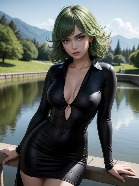 masterpiece, best quality, detailed face, tatsumaki, green hair, black dress, pelvic curtain, posing on a bridge, looking at vie...