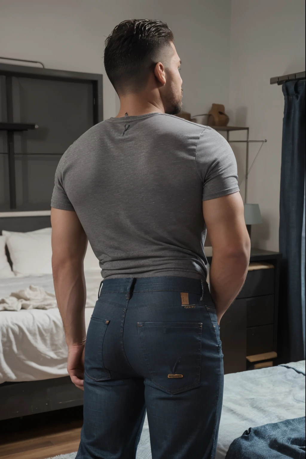 Arafed man in grey shirt and jeans standing in front of a bed - SeaArt AI