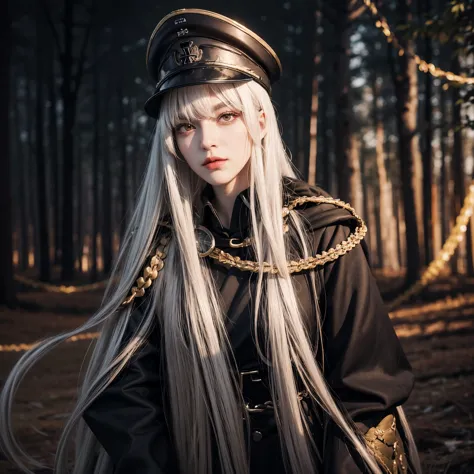 a woman wearing a black gothic style military uniform, black military hat with gold details, iron cross symbol on the military h...