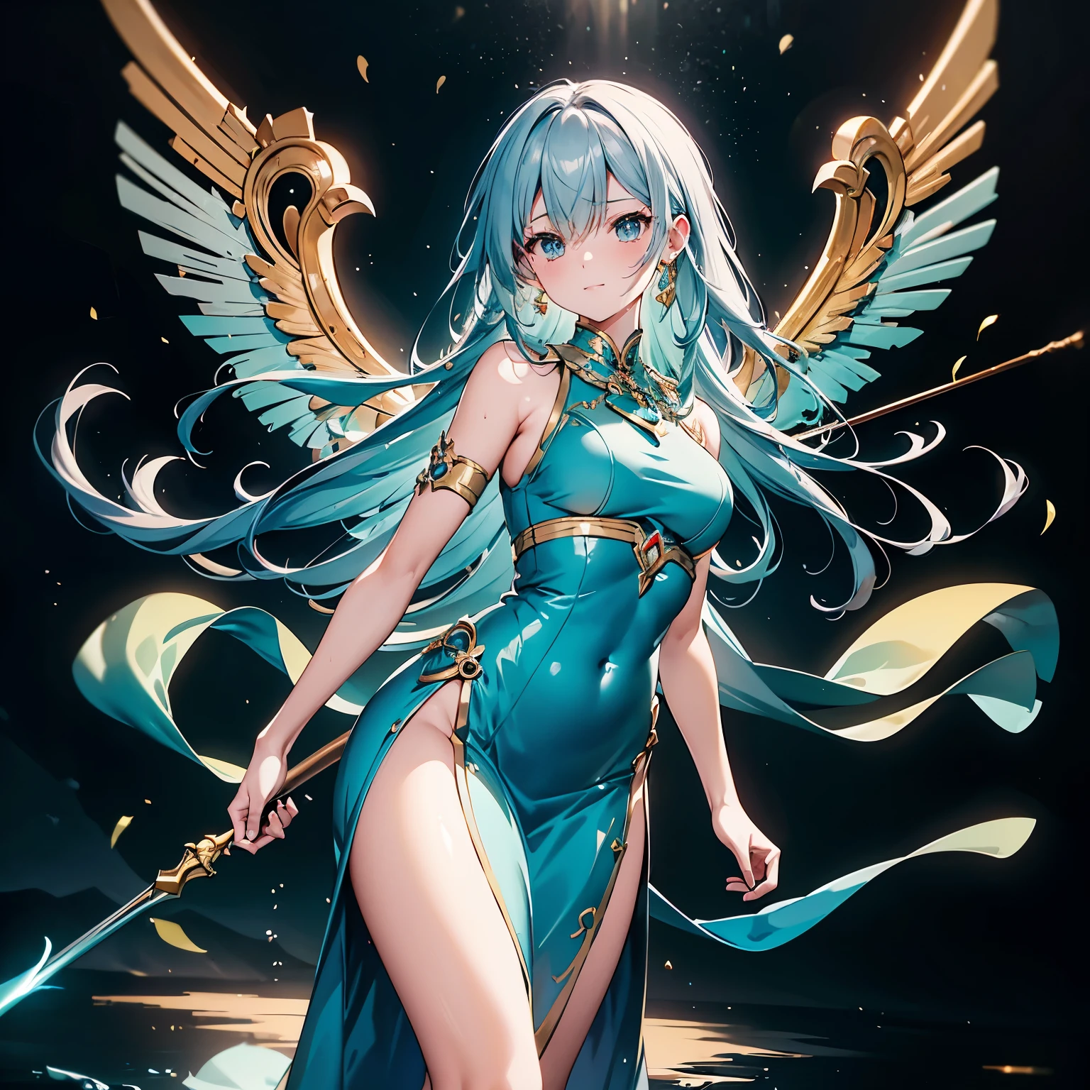 - Number of people: 1 person
- Theme: Goddess who protects love, happiness, calm and peace
- Style: High-definition official artwork, detailed fan art, Kushart Krenz key art, feminine style, Fate style, realistic anime 2.5D style, real anime girl style
- Worldview: Mysterious peaceful and happy world
- Body shape and skin color: Elegant and beautiful body shape like a goddess, natural skin color
- Costume and color: Gorgeous and beautiful goddess costume, mostly gold, mainly green and blue.
- Hairstyle and color: long flowing hair, light blue
- Inventory and Weapons: Golden staff, sparkling gem on the tip
- Wings: None
- Emotions and movements: smile gracefully and gently hold out the cane.
- Perspective and composition: Front view, composition that shows the whole body
- Background and colors: quiet forest, beautiful mountains in the distance, yellow, silver, deep red
- Light and Shadow: Natural lighting and shadow expression
- Improved image quality: using golden ratio 1.2 and drawing board 1.3, absurdres, highest quality, photo-realistic, hyper-realistic, ultra-detailed illustrations, ultra-high resolution, 64K beautiful masterpiece, face is high definition, lighting is perfect, resolution is 8K, Ultra High Resolution: 1.2, high resolution (HD, 4K, 8K, 16K, etc.), color bit depth 24 bit, 48 bit
- Color: mostly gold, mainly green and blue, light blue, yellow, silver, deep red
- Others: None