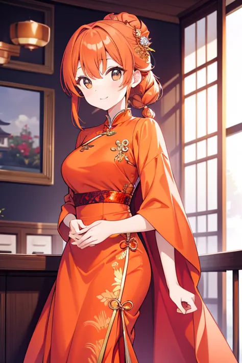 A beautiful orange haired woman wearing an elegant Asian dress. 