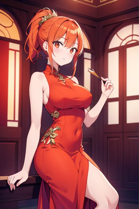 A beautiful orange haired woman wearing an elegant Asian dress color red