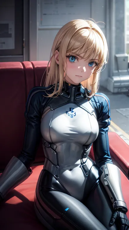 N Radio Wave, 1 girl, alone, robot, cyborg, Very obvious, simple background, blue eyes, Front view, belly button, sitting in a c...