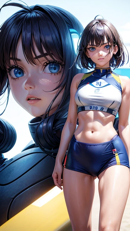 N Radio Wave, 1 girl, alone, robot, cyborg, Very obvious, simple background, blue eyes, Front view, belly button, student, Big eyes, realistic, white background, Please dress, Play beach volleyball like Harukana Receive,