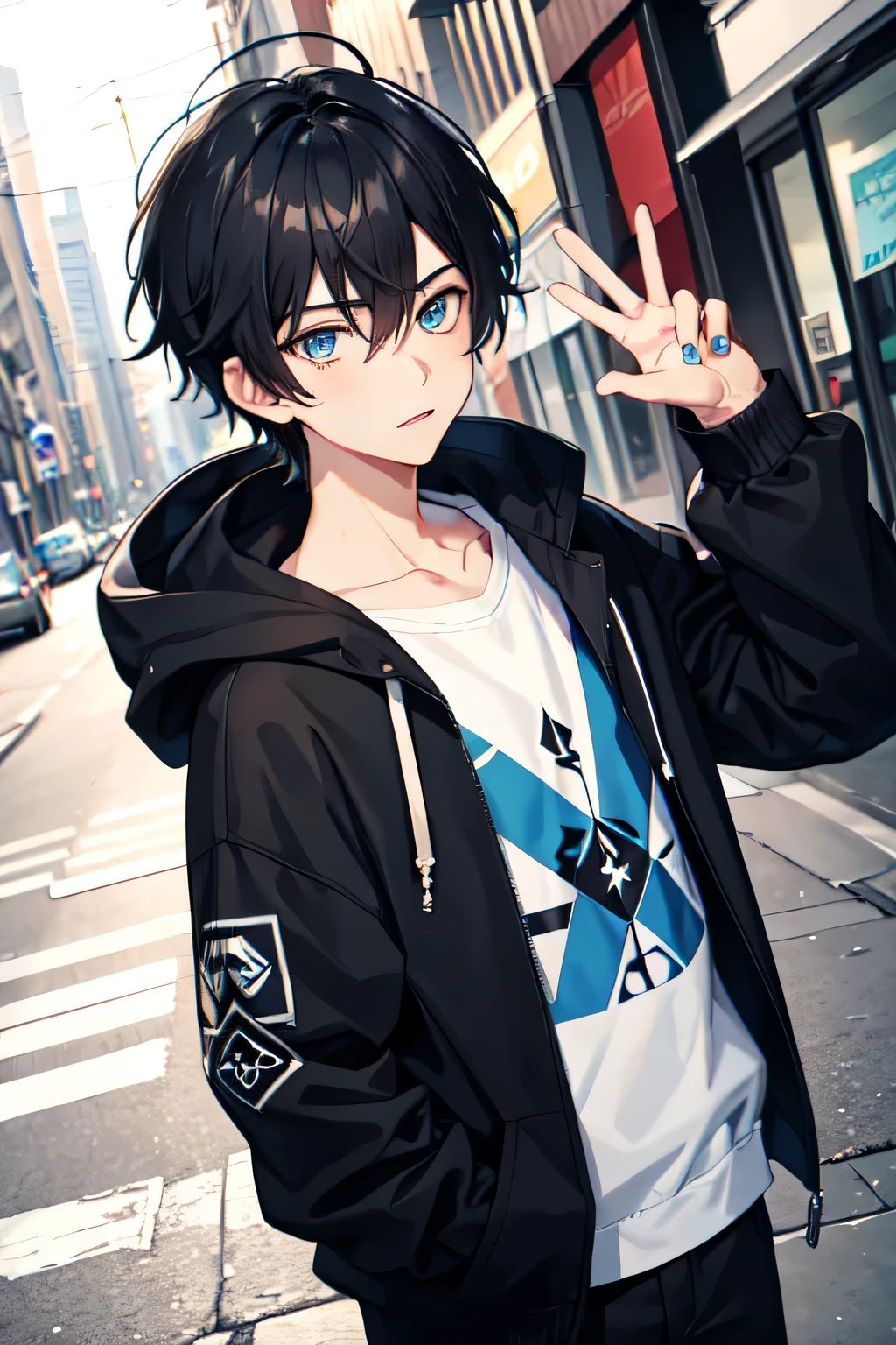 Chico anime con cabello negro y ojos azules posando para una foto