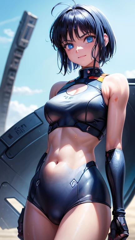 (N Radio Wave, 1 girl, alone, robot, cyborg, Very obvious, simple background, blue eyes, Front view, belly button, student, Big eyes, realistic, white background, Please dress, playing beach volleyball, ((happy face, getting a sunburn)), cinematic lighting, short cut hair, Have sunburn marks )