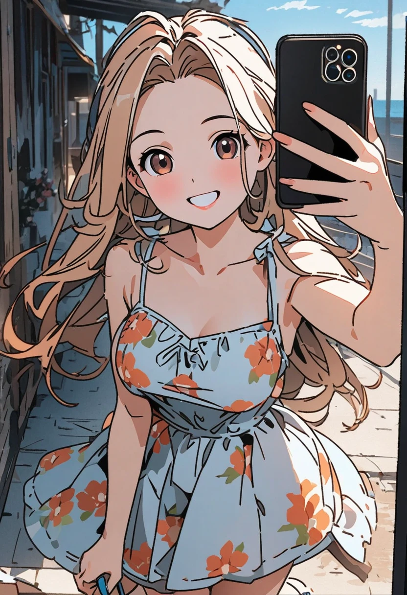 (anime line art), masterpiece, perfect anatomy, best quality, 8K, HD, 4K, perfect face, Cute girl in a flower print sundress, sandals, Lovely smile, taking selfie with cell phone, full body portrait, cell phone
