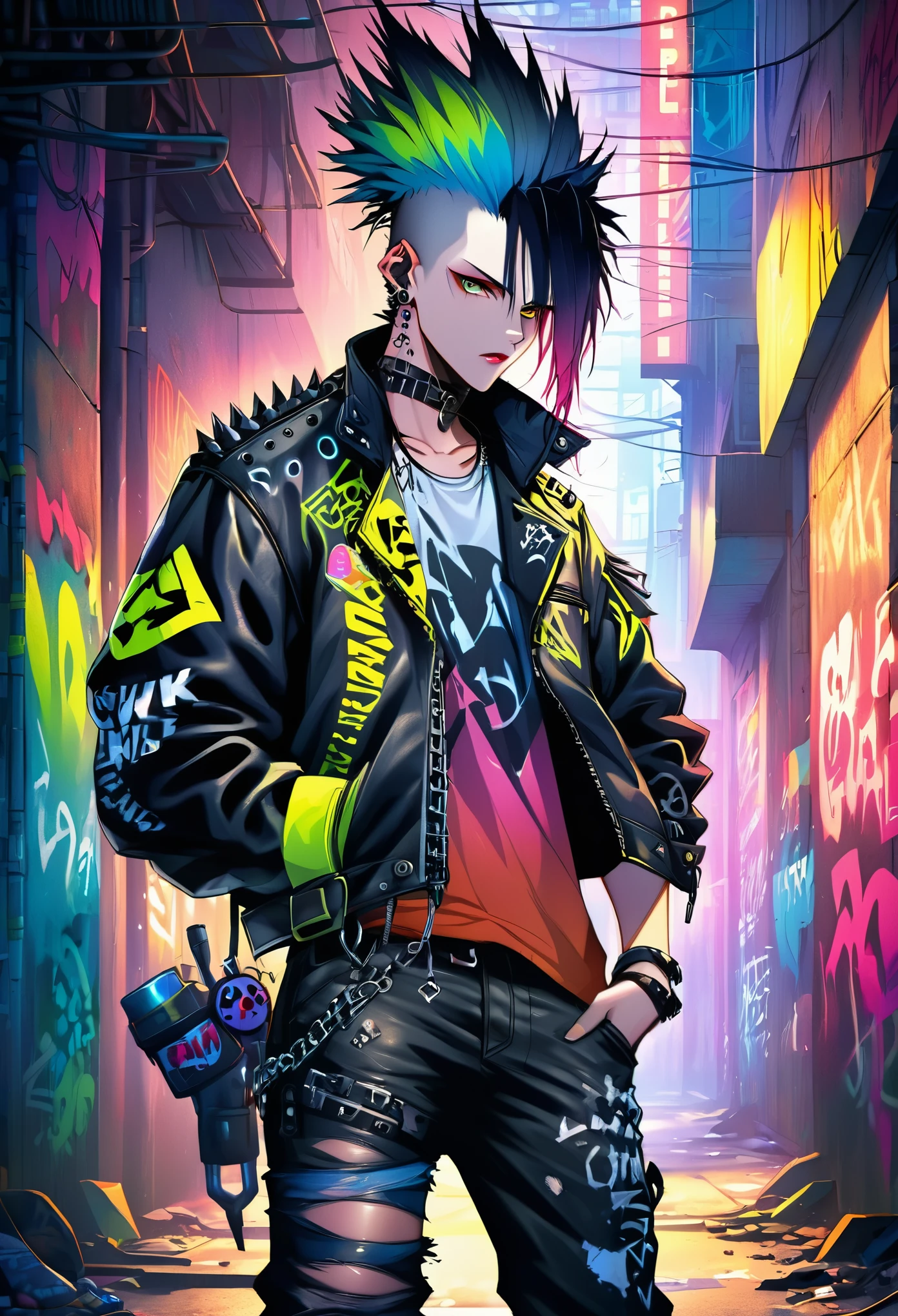 Ein Mann im Metal-Punk-Stil läuft durch die Straßen einer dystopischen Welt. Die Szene spielt in einer Welt, die von metallischen Elementen und Punk-Ästhetik dominiert wird. Das Erscheinungsbild des Mannes ist geprägt durch einen rebellischen und kantigen Modestil, mit einem Outfit bestehend aus Lederjacken, zerrissene Jeans, und Heavy-Metal-Zubehör. Sein Haar ist stachelig und in leuchtenden Neonfarben gefärbt, zeigt seine wilde Persönlichkeit.

Die Umgebung um ihn herum ist stark von einer postapokalyptischen Umgebung geprägt, mit verfallenen Gebäuden und bröckelnder Infrastruktur. Die Straßen sind voller Graffiti und Zeichen der Rebellion, spiegelt die Punk-Subkultur wider, die diese Welt durchdringt. Neonlichter flackern in den schwach beleuchteten Gassen, wirft einen unheimlichen Schein und schafft eine Atmosphäre der Spannung und Ungewissheit.

Die Bewegungen des Mannes sind selbstbewusst und zielstrebig, während er durch die verlassenen Straßen navigiert. Seine Augen sind durchdringend und voller Entschlossenheit, während seine Lippen mit einem Ausdruck des Trotzes versiegelt sind. Die Liebe zum Detail bei der Darstellung seiner Augen und Gesichtszüge ist von größter Bedeutung, um das Wesen seiner rebellischen Natur einzufangen.

Die Bildqualität ist insgesamt auf höchstem Niveau, mit Fokus auf ultra-detaillierte Darstellung und lebendige Farben. Jedes Designelement, vom strukturierten Leder seiner Jacke bis zu den komplizierten Mustern im Graffiti, ist sorgfältig gestaltet, um ein fotorealistisches Meisterwerk zu schaffen. Die Lichttechnik verstärkt die dramatische Atmosphäre, mit Schatten und Neonreflexionen, die der Szene Tiefe verleihen.

In Bezug auf den Kunststil, Der Prompt betont die Verschmelzung von Punk-Ästhetik mit einer dystopischen Welt, Das Ergebnis ist eine einzigartige Mischung aus urbanem Grit und metallischen Elementen. Diese Kombination schafft ein visuell eindrucksvolles und zum Nachdenken anregendes Bild.

Die Farbpalette wird von dunklen Farbtönen dominiert, mit Akzenten aus leuchtenden Neonfarben, um einen Kontrast zu schaffen und die futuristische Atmosphäre zu verstärken. Die Lichttechnik unterstreicht diesen Kontrast noch, mit hellen Neonlichtern gegen