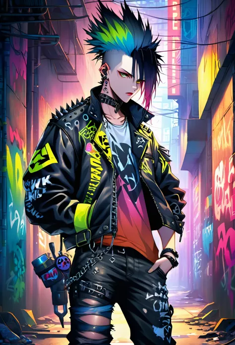 A man with a metal punk style is walking down the streets in a dystopian world. The scene is set in a world dominated by metalli...
