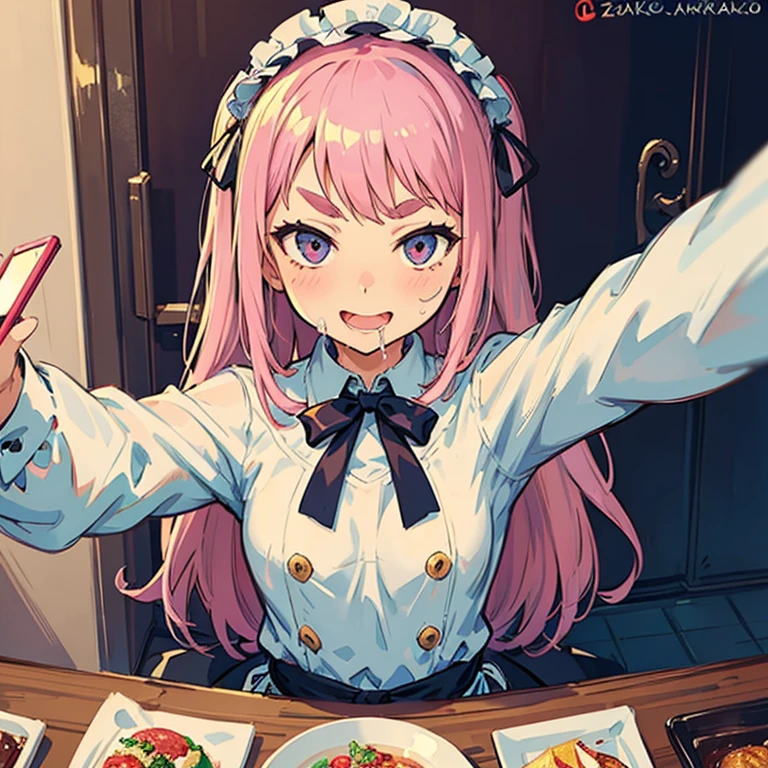 Girl with pink hair, long double-tailed hairstyle, ((small pink bushy eyebrows)), wearing lolita clothing, , lolicon (Zankuro) drawing style by zankuro artist, Zancro style, image uploaded to R34, flirty smile, take a selfie, close-up, showing one breast outside the shirt, face very close to the camera, moan and drool) happy face wavy smile , showing pubis, in restaurant