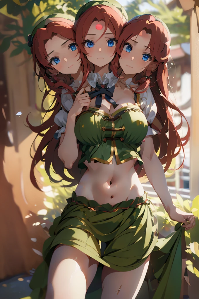 (masterpiece, best quality),best quality, (ultra-detailed), (3heads:1.5), 1girl, (ultra-detailed), (3heads:1.5), 1girl, (hong meiling:1.3), masterpiece, (best quality:1.5, highres, UHD), highres, absurdo, ultra detail, ultra quality, Ultra resolution, green top, crop top, ((stomach)), midriff, ((groin)), green skirt, miniskirt, normal ears, shackles, red hair, very long hair, wavy hair, sidelocks, blue eyes, parted lips, midriff, sweat, cute, toned belly, hand on own chest, eyelashes, (24 year old woman:1.3), (masterpiece:1.5), (best quality:1.5), (beautiful detailed), extremely detailed CG, extremely delicate and beautiful, depth of field, (finely detailed face), (perfect details:1.2), (mature female:1.3), wide pelvis, slender, large veiny breast, 16k resolution, high quality, high definition, extremely detailed, masterpiece, red hair, long hair, alluring presence, twin braid, short skirt, close up, big , young, striped, green beret, hair ornament, chinese clothes, star hat ornament, open belly, nsfw, redhead, 