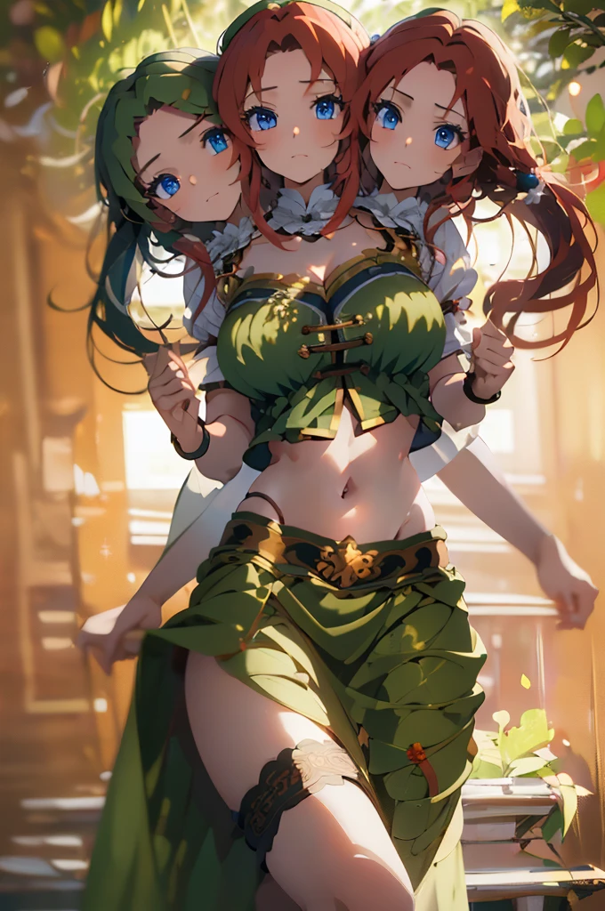 (masterpiece, best quality),best quality, (ultra-detailed), (3heads:1.5), 1girl, (ultra-detailed), (3heads:1.5), 1girl, (hong meiling:1.3), masterpiece, (best quality:1.5, highres, UHD), highres, absurdo, ultra detail, ultra quality, Ultra resolution, green top, crop top, ((stomach)), midriff, ((groin)), green skirt, miniskirt, normal ears, shackles, red hair, very long hair, wavy hair, sidelocks, blue eyes, parted lips, midriff, sweat, cute, toned belly, hand on own chest, eyelashes, (24 year old woman:1.3), (masterpiece:1.5), (best quality:1.5), (beautiful detailed), extremely detailed CG, extremely delicate and beautiful, depth of field, (finely detailed face), (perfect details:1.2), (mature female:1.3), wide pelvis, slender, large veiny breast, 16k resolution, high quality, high definition, extremely detailed, masterpiece, red hair, long hair, alluring presence, twin braid, short skirt, close up, big , young, striped, green beret, hair ornament, chinese clothes, star hat ornament, open belly, nsfw, redhead, 