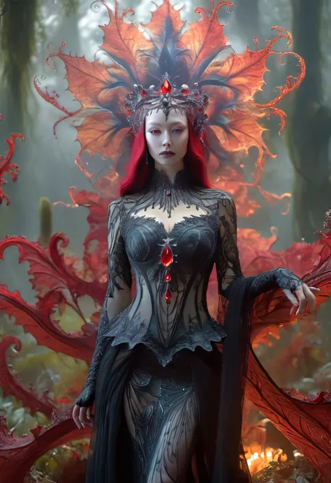 a dark elven queen embodying the essence of fractals, surrounded by the eerie beauty of a magical Ghost Flower with blood-red te...